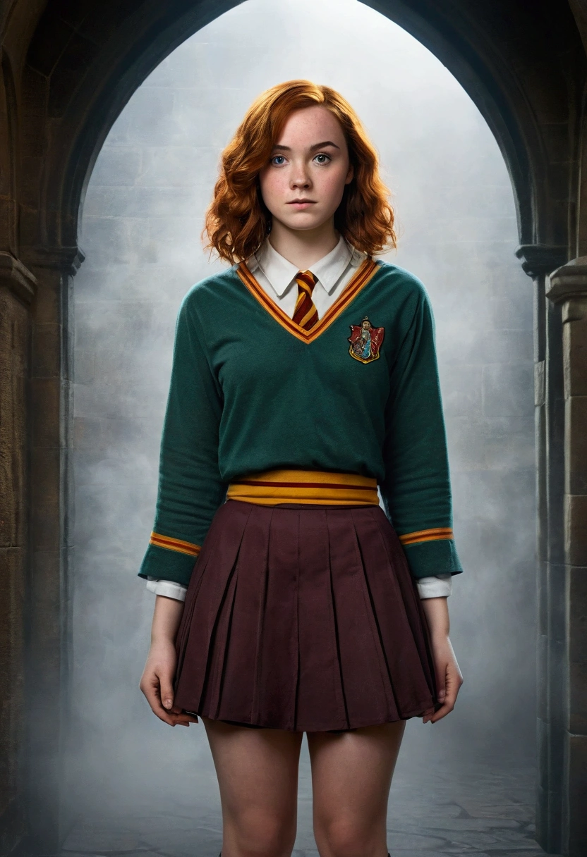 An illustrated movie poster, hand-drawn, full color, a teenage Hogwarts student, 18-years-old, female, wearing hogwarts robes and a pleated skirt, athletic hourglass figure, full wide hips, massive round butt, long shapely legs, ridiculously thick powerful thighs, vibrant eyes, deep dark auburn hair, short curly bob cut, flushed sun-kissed complexion, freckles, resembles Genevieve O'Reilly, standing in a foggy Hogwarts courtyard, surrounded by mist, graphite shading, stencil marks, airbrushed acrylic paint, masterpiece, close-up shot, in the style of the Deathly Hallows 