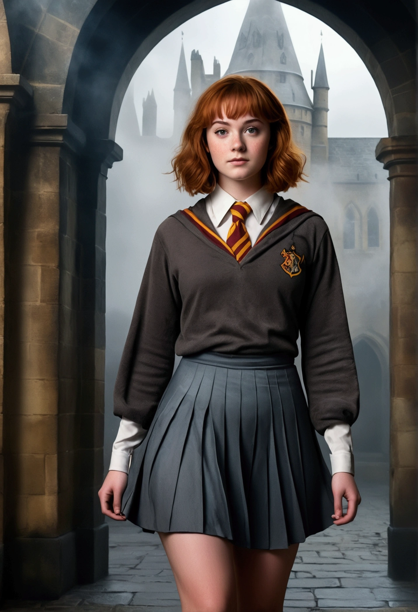 An illustrated movie poster, hand-drawn, full color, a teenage Hogwarts student, 18-years-old, female, wearing hogwarts robes and a pleated skirt, athletic hourglass figure, full wide hips, massive round butt, long shapely legs, ridiculously thick powerful thighs, vibrant eyes, deep dark auburn hair, short curly bob cut, flushed sun-kissed complexion, freckles, resembles Genevieve O'Reilly, standing in a foggy Hogwarts courtyard, surrounded by mist, graphite shading, stencil marks, airbrushed acrylic paint, masterpiece, close-up shot, in the style of the Deathly Hallows 