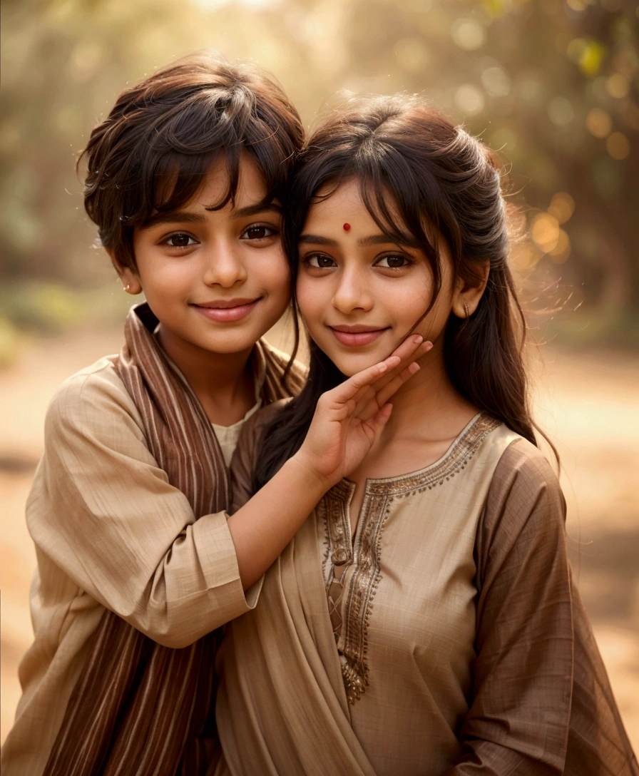 The image is a portrait of two young children, a boy and a girl, standing close together and smiling at the camera. The boy is on the left side of the image, wearing a beige kurta with a striped scarf around his neck. He has dark hair and is looking directly at the viewer with a slight smile on his face. The girl on the right side is wearing a traditional Indian outfit with a brown dupatta draped over her shoulders. She has long dark hair that is styled in loose waves and is covering her face with her hand. The background is blurred, but it appears to be an outdoor setting with trees and greenery. The lighting is soft and warm, creating a peaceful and serene atmosphere.