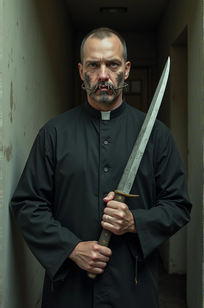 Guy with piercing on lips, christian tattoo on face, on pastor clothes holding long knife