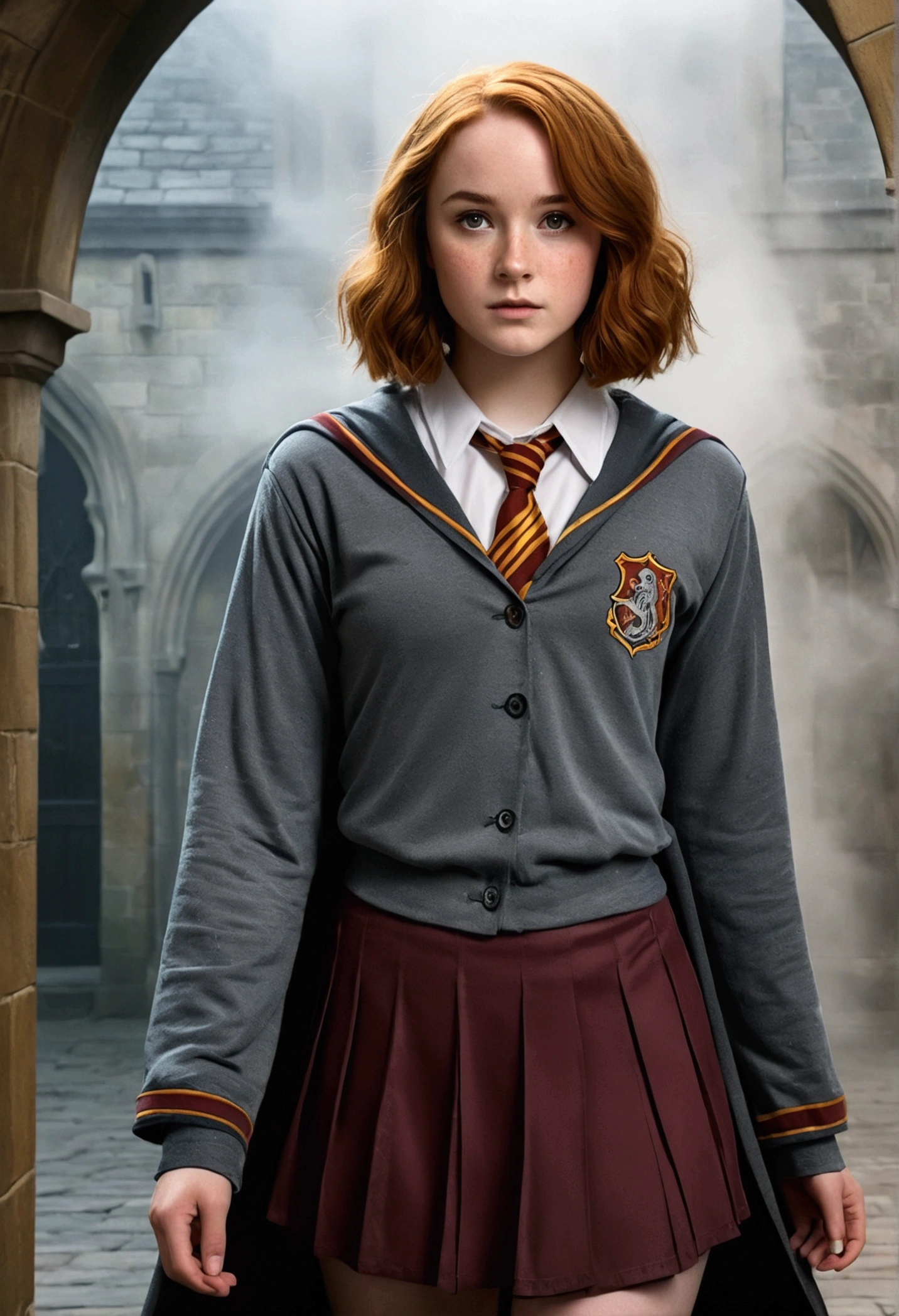 An illustrated movie poster, hand-drawn, full color, a teenage Hogwarts student, 18-years-old, female, wearing hogwarts robes and a pleated skirt, athletic hourglass figure, full wide hips, massive round butt, long shapely legs, ridiculously thick powerful thighs, vibrant eyes, deep dark auburn hair, short curly bob cut, flushed sun-kissed complexion, freckles, resembles Genevieve O'Reilly, standing in a foggy Hogwarts courtyard, surrounded by mist, graphite shading, stencil marks, airbrushed acrylic paint, masterpiece, close-up shot, in the style of the Deathly Hallows