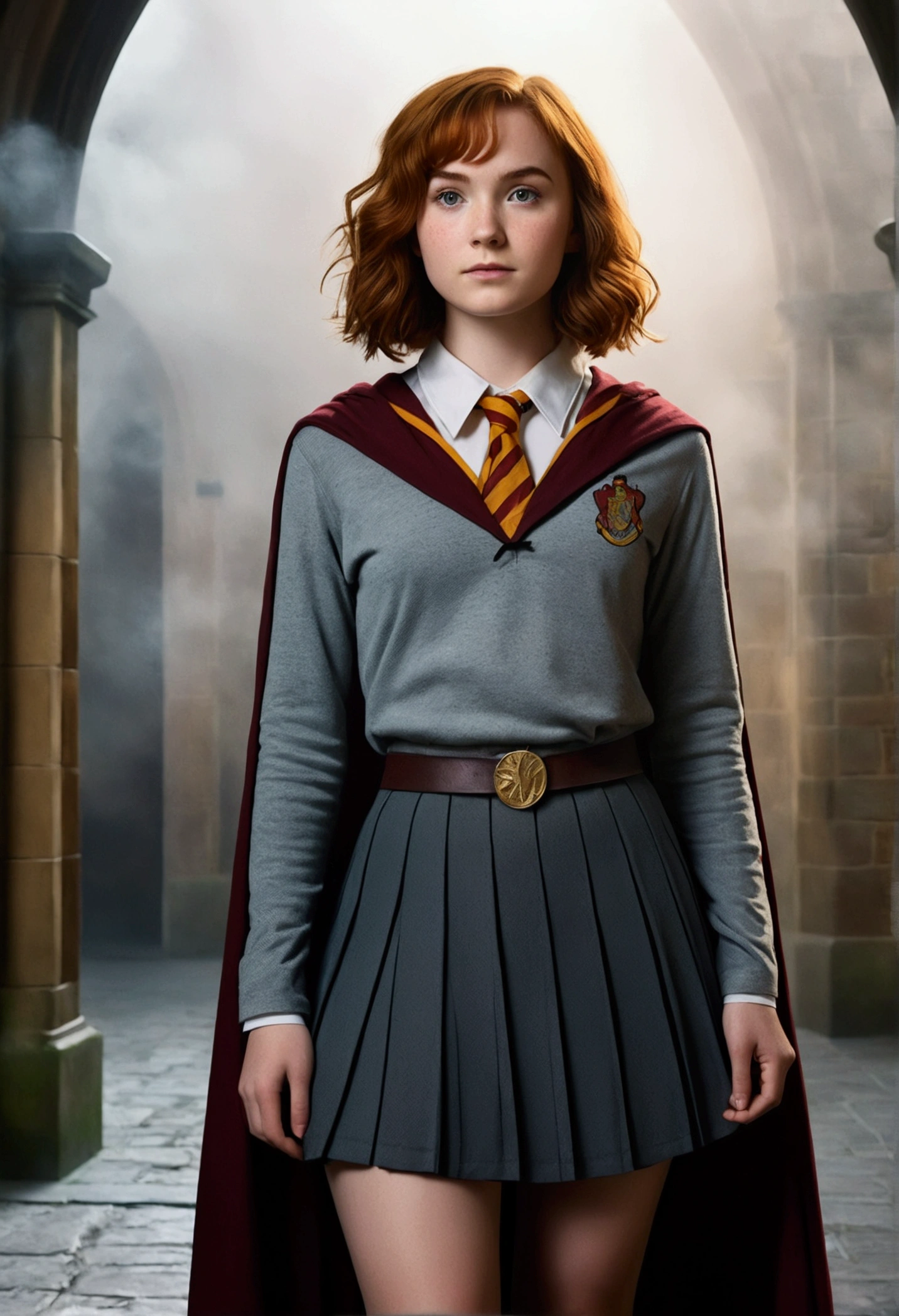 An illustrated movie poster, hand-drawn, full color, a teenage Hogwarts student, 18-years-old, female, wearing hogwarts robes and a pleated skirt, athletic hourglass figure, full wide hips, massive round butt, long shapely legs, ridiculously thick powerful thighs, vibrant eyes, deep dark auburn hair, short curly bob cut, flushed sun-kissed complexion, freckles, resembles Genevieve O'Reilly, standing in a foggy Hogwarts courtyard, surrounded by mist, graphite shading, stencil marks, airbrushed acrylic paint, masterpiece, close-up shot, in the style of the Deathly Hallows