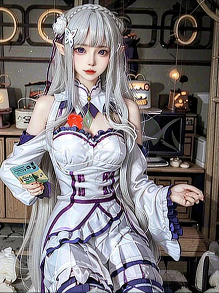 ulzzang-6500-v1.1,(raw photo:1.2),((photorealistic:1.4))best quality ,masterpiece, illustration, an extremely delicate and beautiful, extremely detailed ,CG ,unity ,8k wallpaper, finely detail, best quality,extremely detailed CG unity 8k wallpaper,absurdres, incredibly absurdres, huge breats,sexy body,huge filesize, ultra-detailed, highres, extremely detailed,beautiful detailed girl, extremely detailed eyes and face, beautiful detailed eyes,light on face,cinematic lighting,1girl,(full body),(full-body shot),looking at viewer,outdoors, silver_hair, pointy_ears, purple_eyes, hair_ornament, hair_ribbon, lips