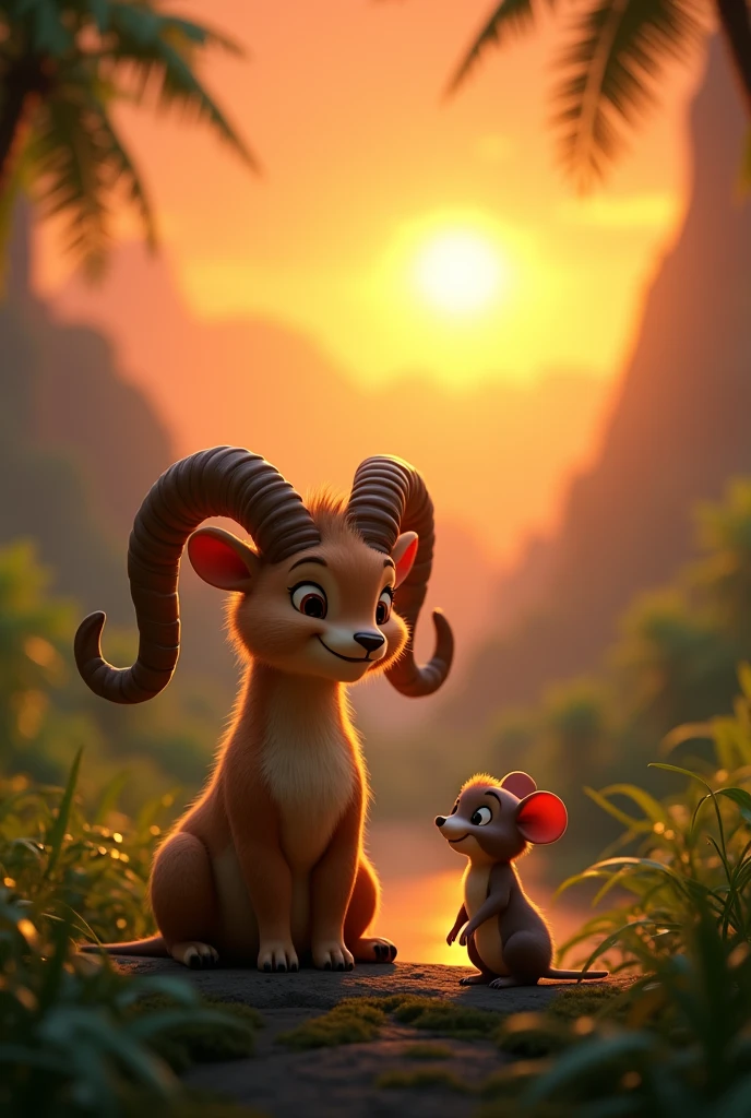 In 3d animation style "Ram and the mouse are sitting side by side, looking out over a peaceful jungle landscape at sunset. The tiger is smiling, and the mouse is sitting on the tiger's shoulder. The image highlights the bond of friendship that has grown between the two animals"