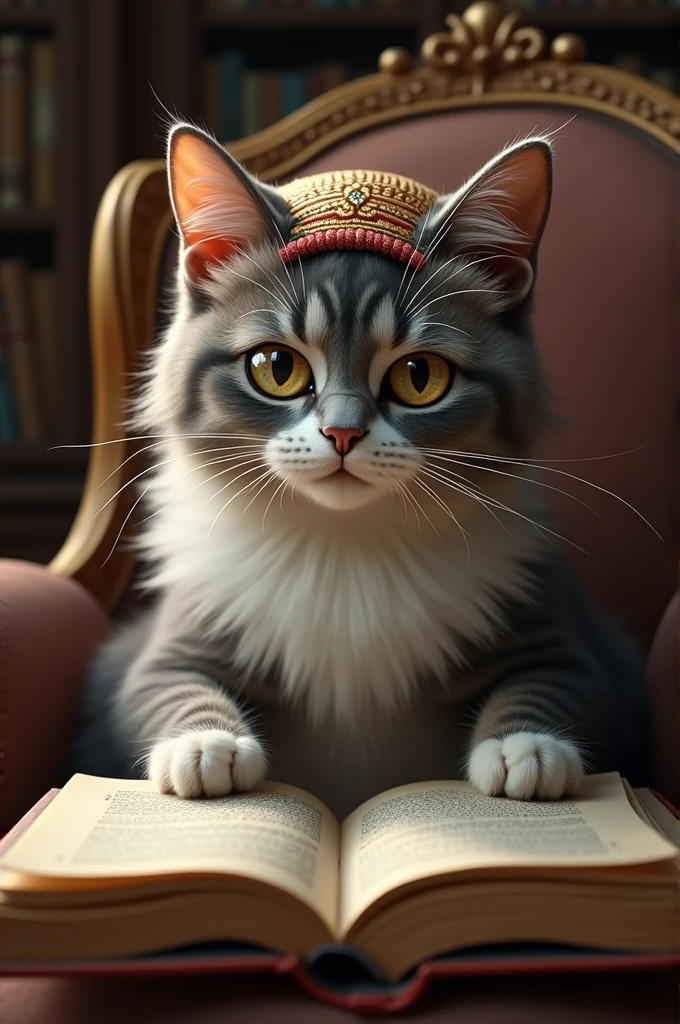 A Cat with grey and white color with yellow eyes 
Sitting on the chair and reading a book 
And wearing muslims namaz cap