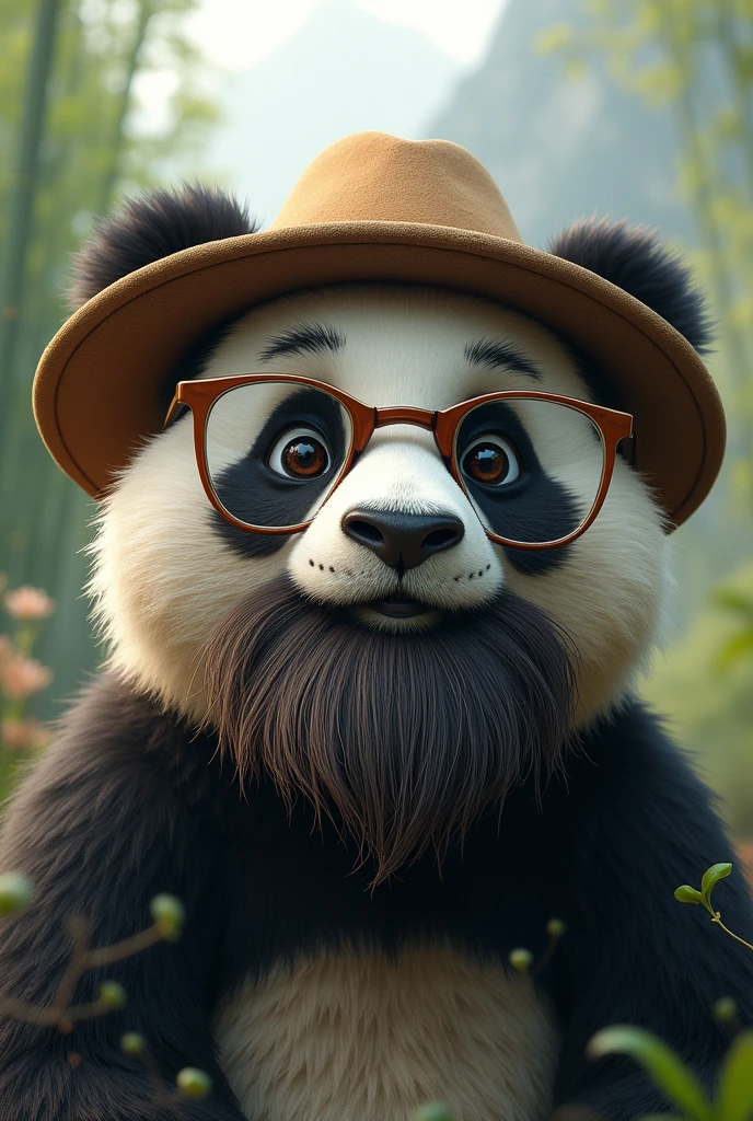 Bearded panda with glasses and a hat
