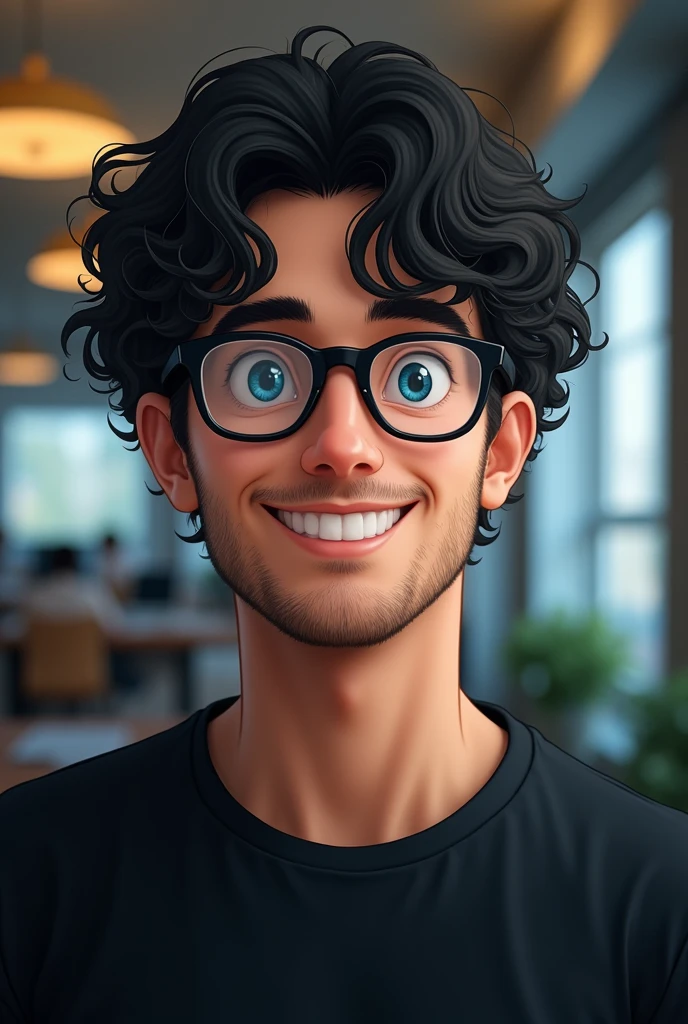 (best quality,4K,8K,high resolution,masterpiece:1.2),Very detailed,(Practical,photoPractical,photo-Practical:1.37),1 person,Mature man,Beautiful Skin、contour、very handsome,wear glasses,Black curly hair,Smile,,blue eyes,Sharp eyes,Undoubtedly perfect face,Office Background,Cinema Lighting,hdr image,Black t-shirt anime