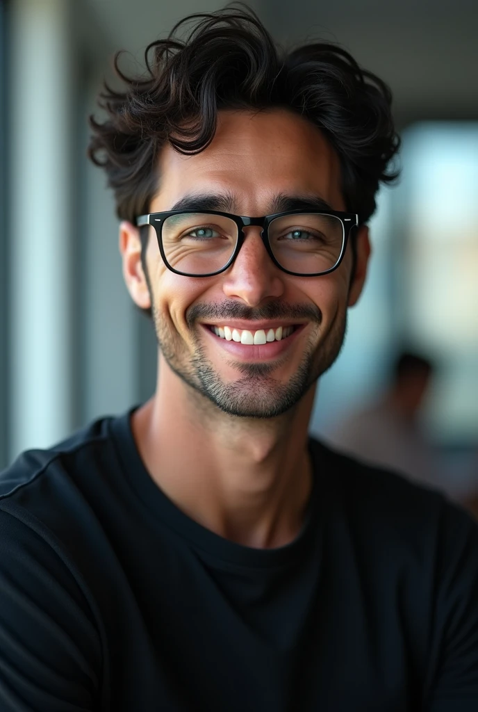 (best quality,4K,8K,high resolution,masterpiece:1.2),Very detailed,(Practical,photoPractical,photo-Practical:1.37),1 person,Mature man,Beautiful Skin、contour、very handsome,wear glasses,Black curly hair,Smile,,blue eyes,Sharp eyes,Undoubtedly perfect face,Office Background,Cinema Lighting,hdr image,Black t-shirt anime