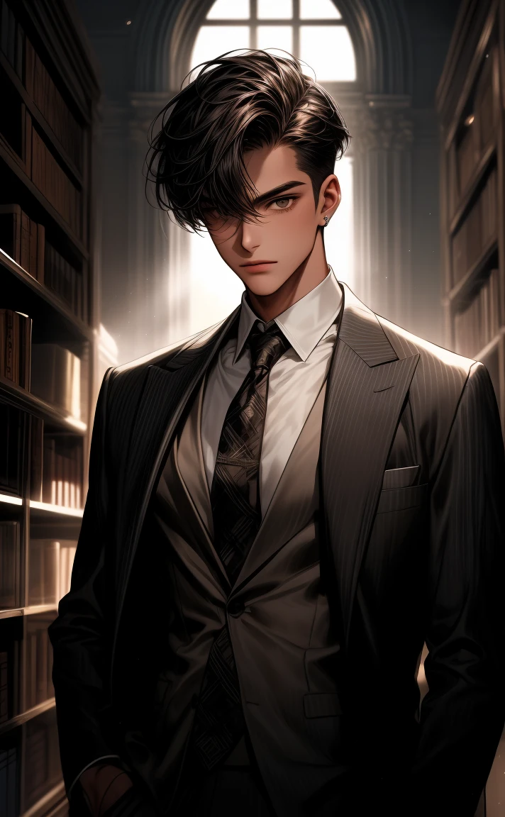 A young man with striking, tousled hair stands in a dimly lit room, wearing a beige blazer, white shirt, and brown tie. He has a confident yet enigmatic expression, partially illuminated by light coming from an open door behind him. A bookshelf filled with books looms in the background, adding to the atmosphere of mystery.