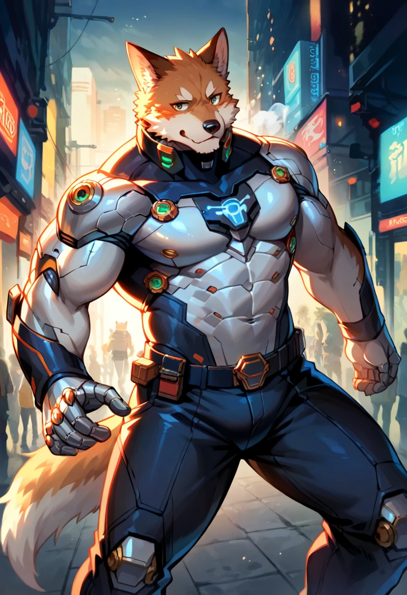 rating_safe, score_9, score_8_up, score_7_up, score_6_up, score_5_up, score_4_up, hires, source_furry, illustrations by Johannes Vermeer, masterpiece, Dark_Fantasy, Cyberpunk, steam punk(super handsome boy, single, kemono)Mechanical marvel, Robotic presence, Cybernetic guardian, wearing a worn-out mech suit, intricate(steel metal, rusty)(Furry body, dog facial features, dog body features)elegant, clear focus, shot by greg rutkowski, soft lighting, vibrant colors, masterpiece, street,cowboy shot, dynamic pose,