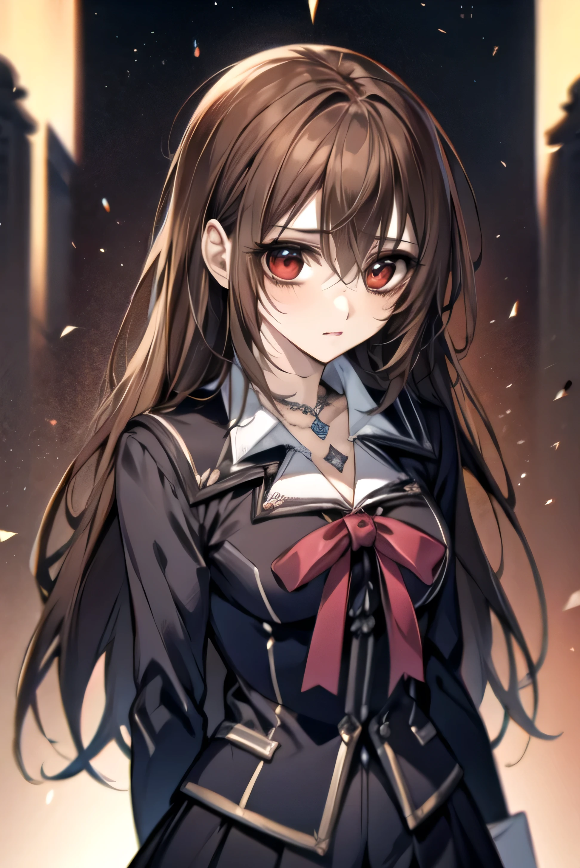 (absurdres, highres, ultra detailed, HDR), masterpiece, best quality, Yuki Cross, 1woman, solo, beautiful, (long brown hair), vibrant red eyes, finely eye and detailed face, solid black background, black uniform, vampire knight, (arms behind back), solid crimson background,