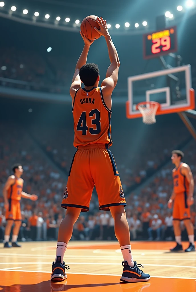 young, Sonoran, of some 23 years, with 1.93cm tall, with Basketball jersey with number 43, shooting a 3-point shot, half court, with the surname Osuna on the back