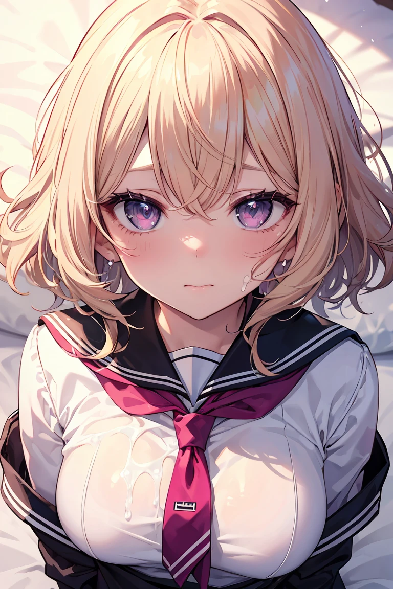 masterpiece, absurdres, best quality, ultra detailed, high Resolution, detailed illustration, bright colour, (extremely beautiful detailed face and eyes, Delicate beautiful face, 1 girl, 18yo, cute face:1.3), (magenta eyes:1.1), sparkling eyes, big eyes, (medium breasts:1.3), (perky breasts:1.1), (pointy breasts:1.1), medium hips, glamorous body, white skin, BREAK, (blonde hair:0.8), messy hair, detailed hair, shiny hair, BREAK (school uniform, undressed:1.3), perfect lighting, (ecstasy, vulgarity:1.5), (Embarrassed:1.3), mattress, (Blowjob, Excess cum, cum on face:1.3),