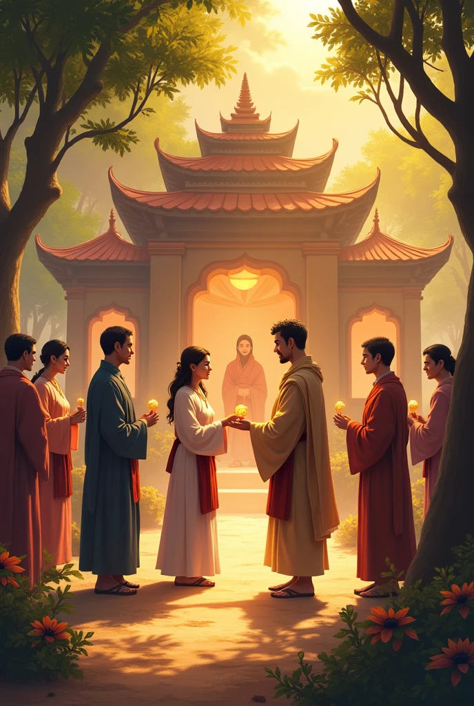 .The final scene shows the village temple, a simple yet serene structure adorned with flowers. The farmer and the village chief are seen together, offering the golden coin to the temple priest. The atmosphere is peaceful, with other villagers witnessing the act, and the setting sun casts a golden hue over the temple.