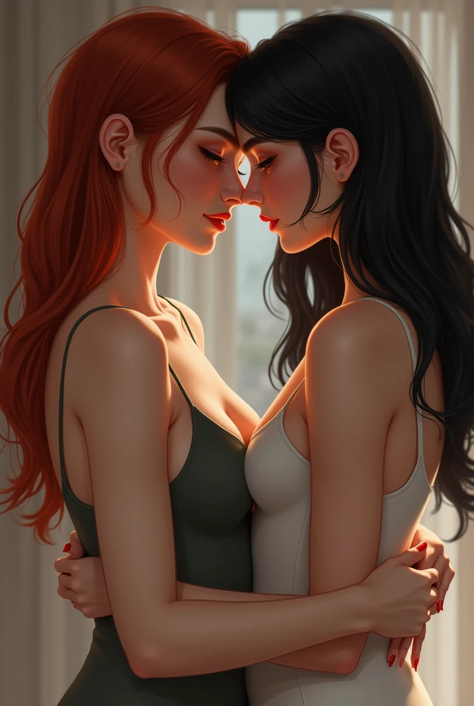 A red hair mature women asian with big breast wearing singlet Holding hands with taller Girl in 20 with black hair 