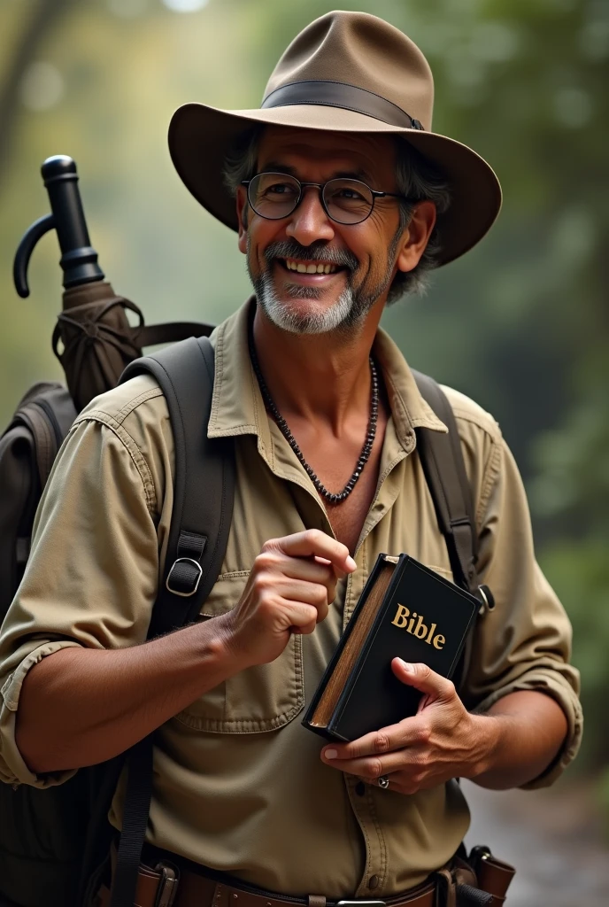 Create an Indiana Jones style image of a 63 year old Latino man,indigenous brunette face, using reading glasses, gray curly hair, Side-parted hairstyle and casual dress, holding a bible in his left hand and pointing at the bible with his index finger of his right hand, smiling placidly, He doesn't have a beard or a moustache and looks clean shaven., In the book it should only say BIBLE, He carries a backpack and an umbrella hanging from the same backpack