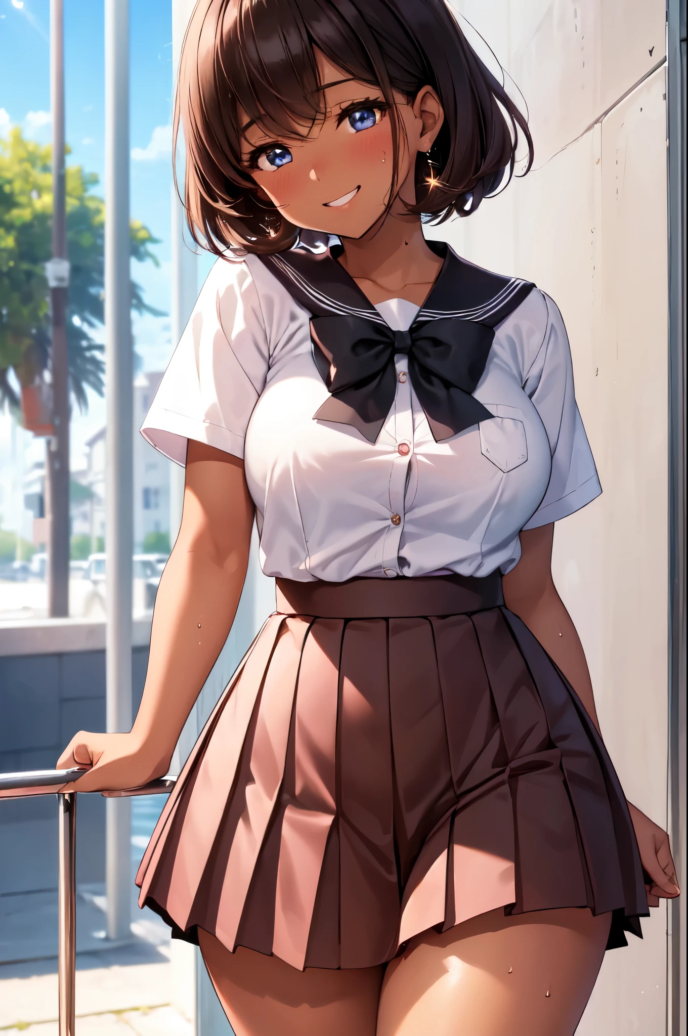 (High quality, High resolution, Fine details), Summer Sunshine, Short pink sailor school uniform, blouse, pleated skirt, solo, curvy adult women, sparkling eyes, (Detailed eyes:1.2), grin, blush, Sweat, (Black skin), (Brown skin), Oily skin, Soft tones, shallow depth of field