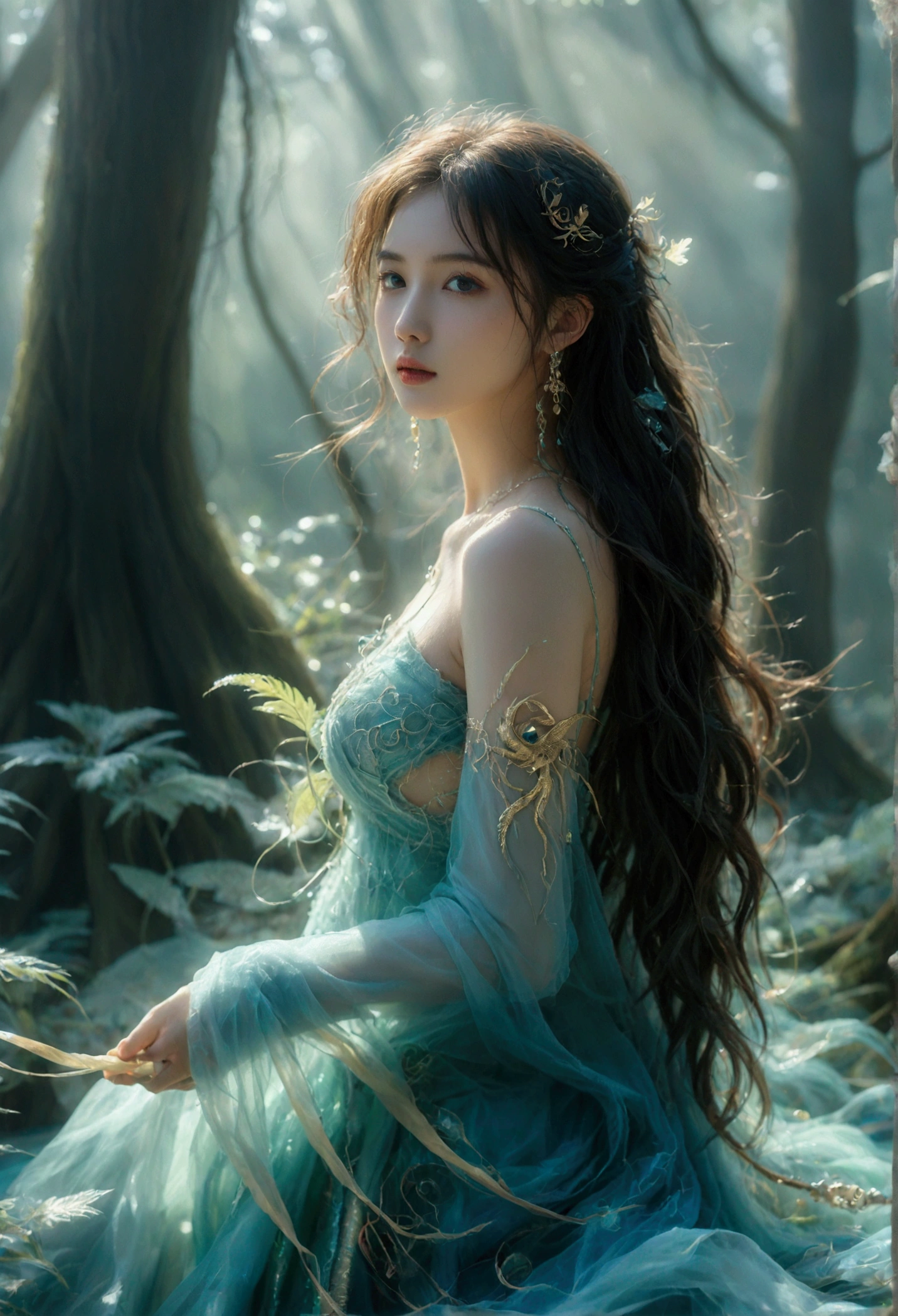 A mesmerizing mythical creature with the upper body of a beautiful human and the lower body of a majestic serpent. The human part has long flowing hair, piercing eyes, and intricate jewelry. The serpent’s scales are iridescent, shimmering in shades of green, blue, and gold, with a powerful and graceful tail. The creature is set against an ancient, mystical forest with soft light filtering through the trees, casting a magical glow. The atmosphere is enchanting and otherworldly, with mist swirling around the base of the creature, adding to the mysterious aura