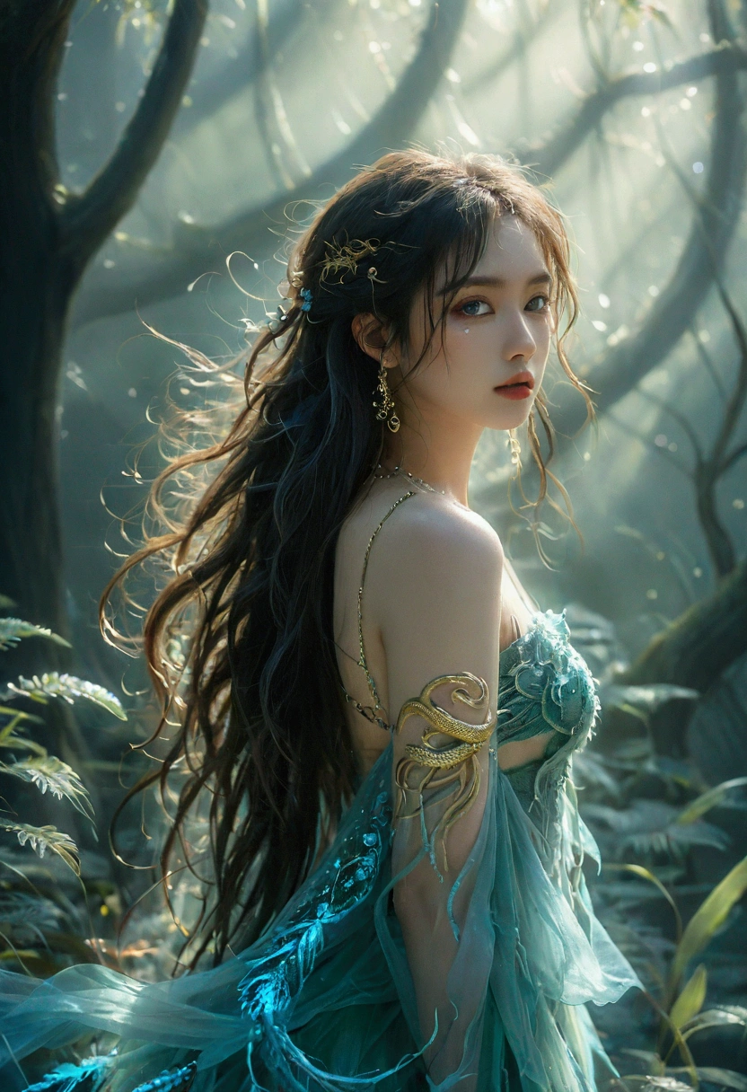 A mesmerizing mythical creature with the upper body of a beautiful human and the lower body of a majestic serpent. The human part has long flowing hair, piercing eyes, and intricate jewelry. The serpent’s scales are iridescent, shimmering in shades of green, blue, and gold, with a powerful and graceful tail. The creature is set against an ancient, mystical forest with soft light filtering through the trees, casting a magical glow. The atmosphere is enchanting and otherworldly, with mist swirling around the base of the creature, adding to the mysterious aura