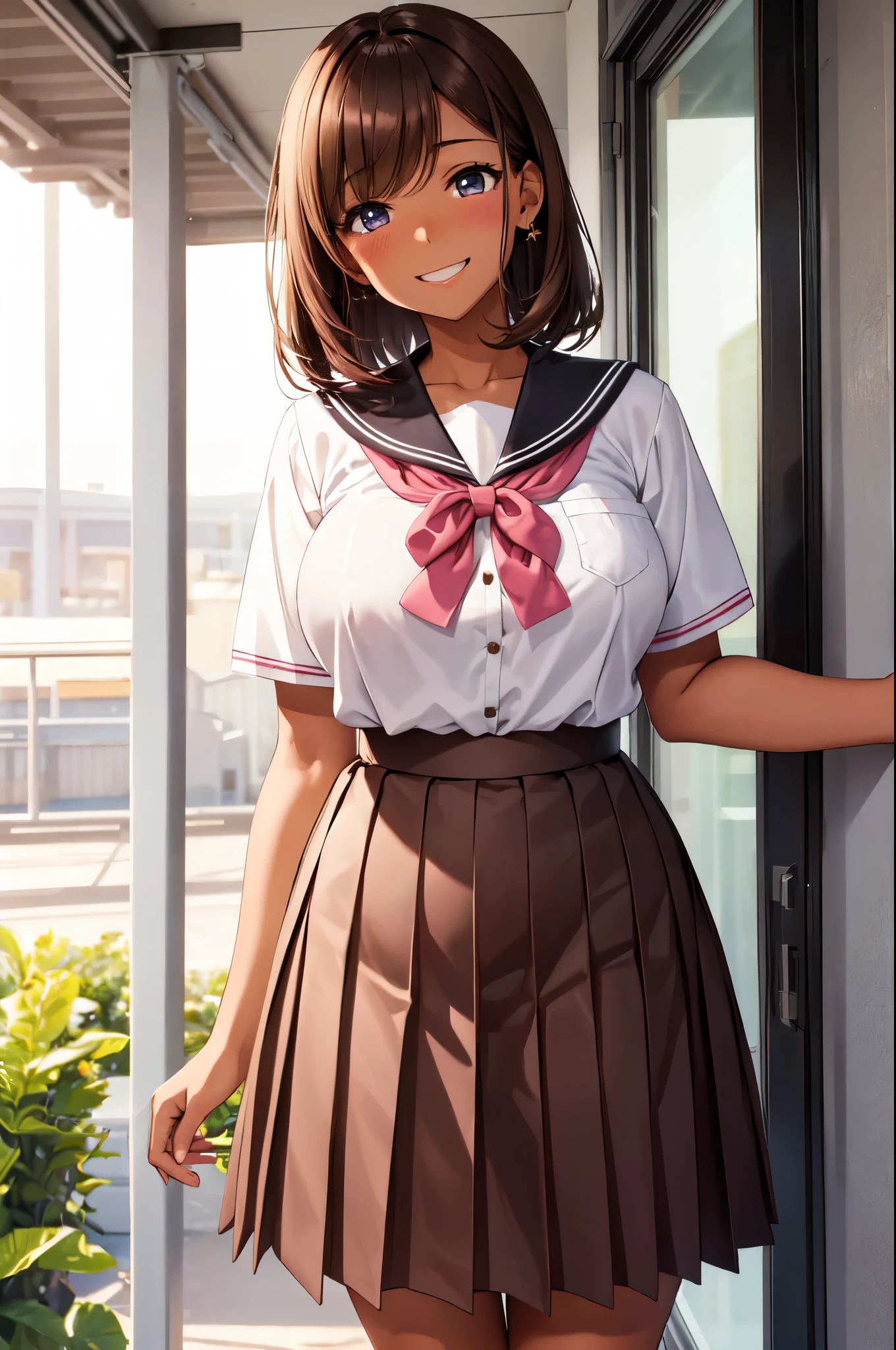 (High quality, High resolution, Fine details), Summer Sunshine, BREAK Short pink sailor school uniform, blouse, pleated skirt, solo, curvy adult women, light brown hair, sparkling eyes, (Detailed eyes:1.2), grin, blush, Sweat, (Black skin), (Brown skin), Oily skin, Soft tones, shallow depth of field