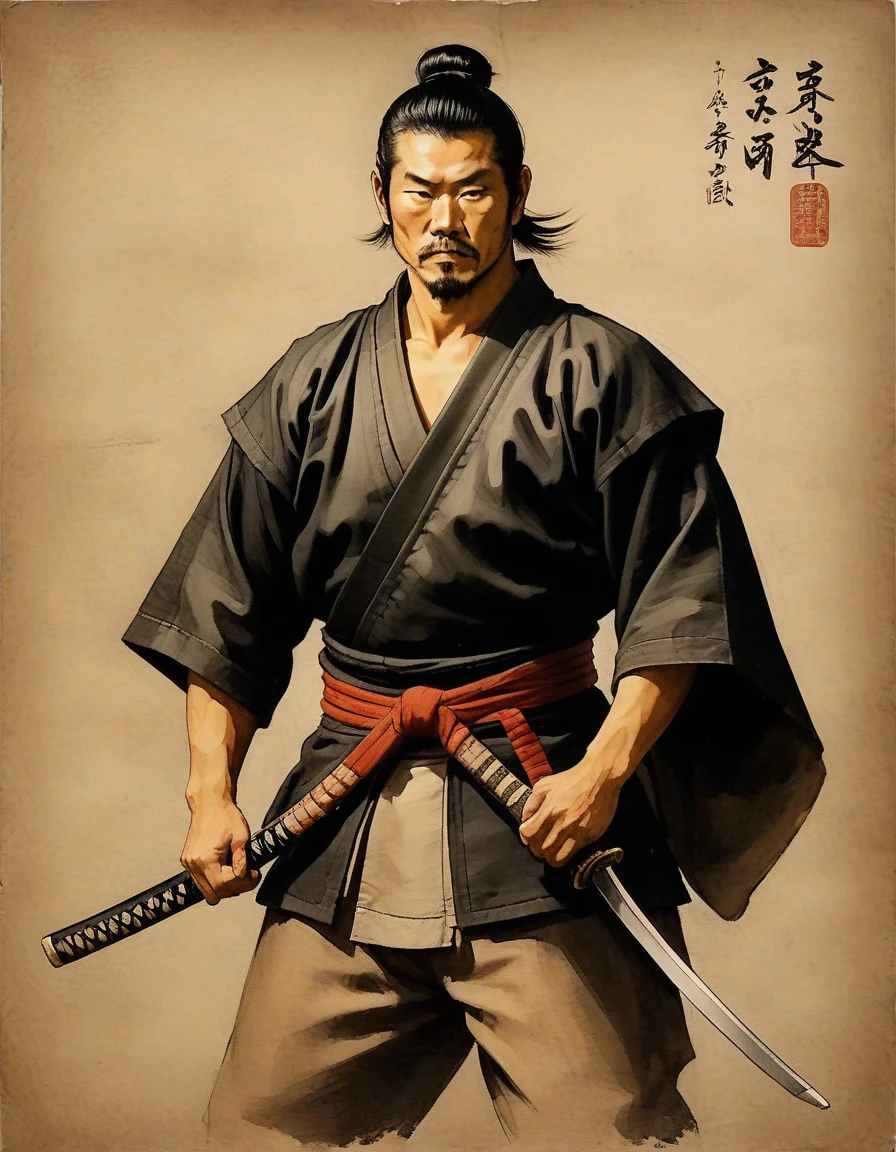 Retrato de Samurai, pintura de Samurai, pintura de Samurai masculino musculoso, Samurai, 苗条, short in stature, incredibly muscular man, Samurai, muscular Samurai,on parchment