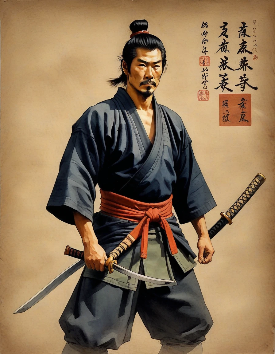 Retrato de Samurai, pintura de Samurai, pintura de Samurai masculino musculoso, Samurai, 苗条, short in stature, incredibly muscular man, Samurai, muscular Samurai,on parchment