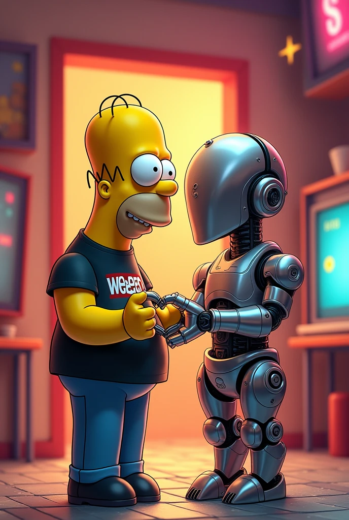 Homer Simpson with band t-shirt. Weezer ,making the heart sign with his partner who is a robot. Graphics that are video game style, the background must be warm.