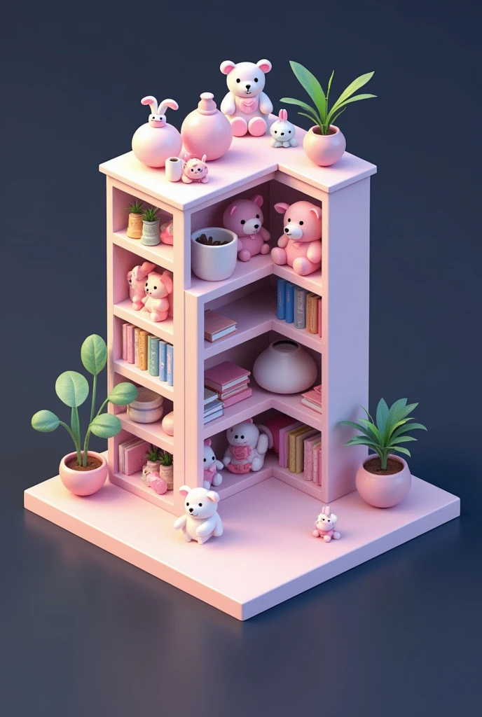 2D game furniture piece, isometric perspective, pastel-colored bookshelf filled with plush toys and cute decorative items, placed against a solid dark background. The contrast emphasizes the soft pastel tones of the furniture. Gentle shading and highlights to add depth and dimension. Created Using: pixel art techniques, inspired by kawaii design, hd quality, clear and detailed isometric layout, smooth lighting, and dark backdrop
