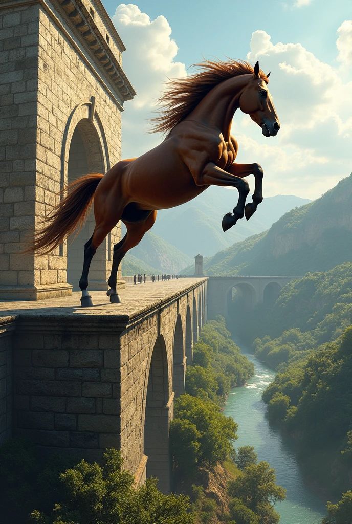 Horse jumping from the V Centenario bridge