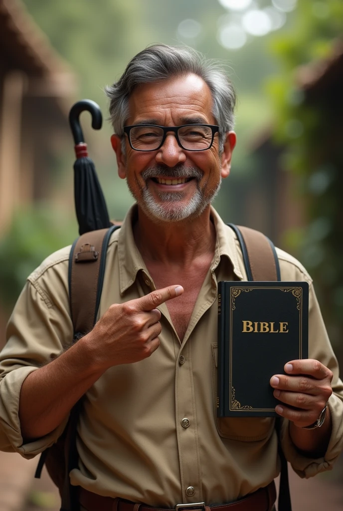 Create an Indiana Jones style image of a 63 year old Latino man,indigenous brunette face, using reading glasses, gray curly hair, Side-parted hairstyle and casual dress, holding a bible in his left hand and pointing at the bible with his index finger of his right hand, smiling placidly, He doesn&#39;t have a beard or a moustache and looks clean shaven., In the book it should only say BIBLE, He carries a backpack and an umbrella hanging from the same backpack 