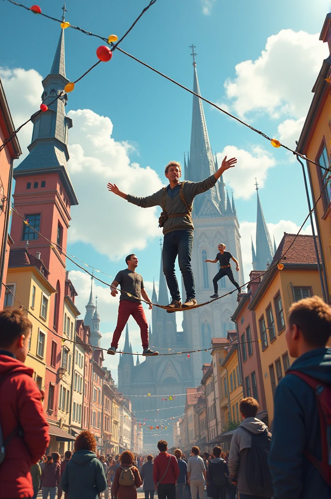 Poznań city, slackline, happy people 