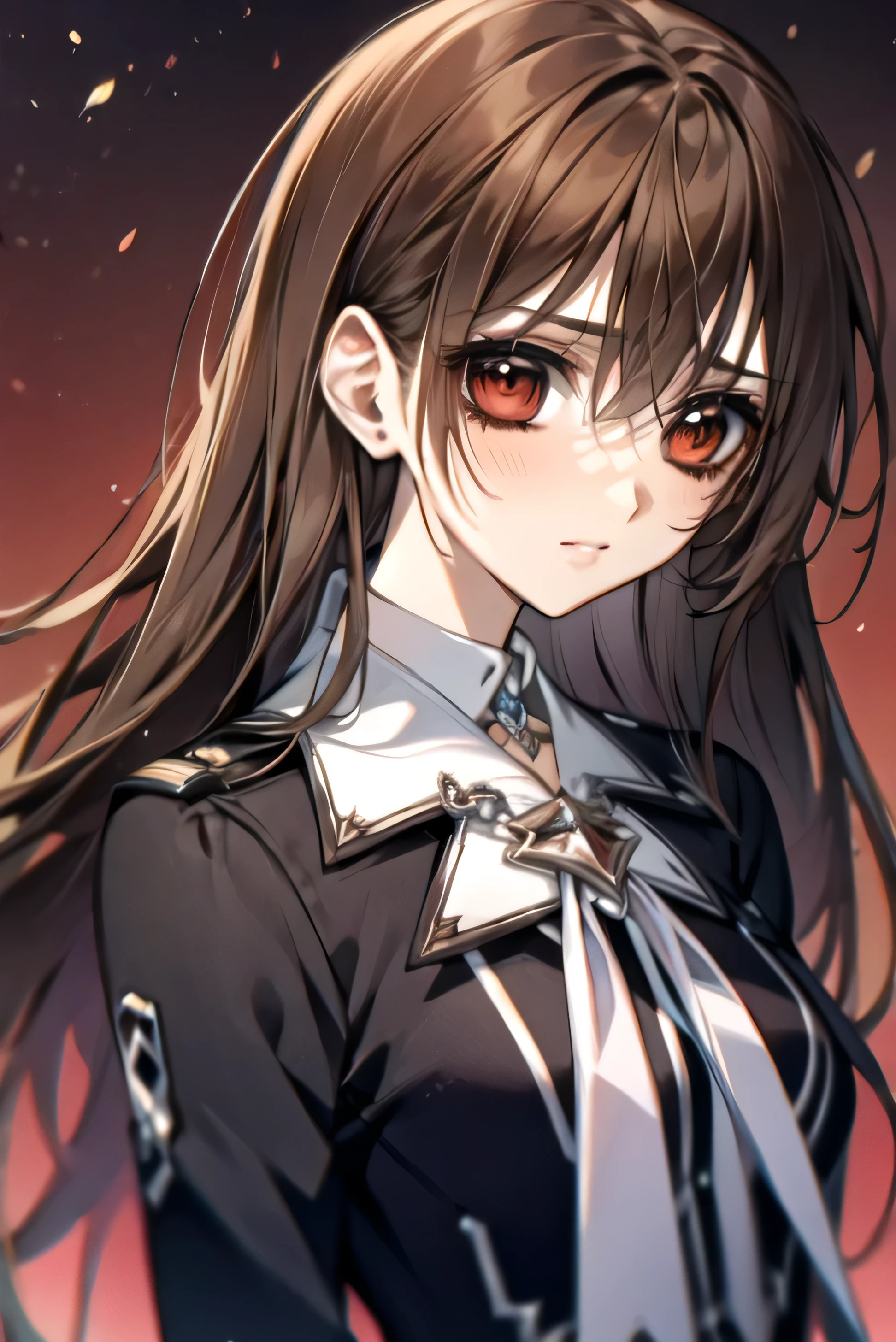 (absurdres, highres, ultra detailed, HDR), masterpiece, best quality, Yuki Cross, 1woman, solo, beautiful, (long brown hair), vibrant red eyes, finely eye and detailed face, solid black background, black uniform, vampire knight, (arms behind back), solid crimson background, (portrait), 