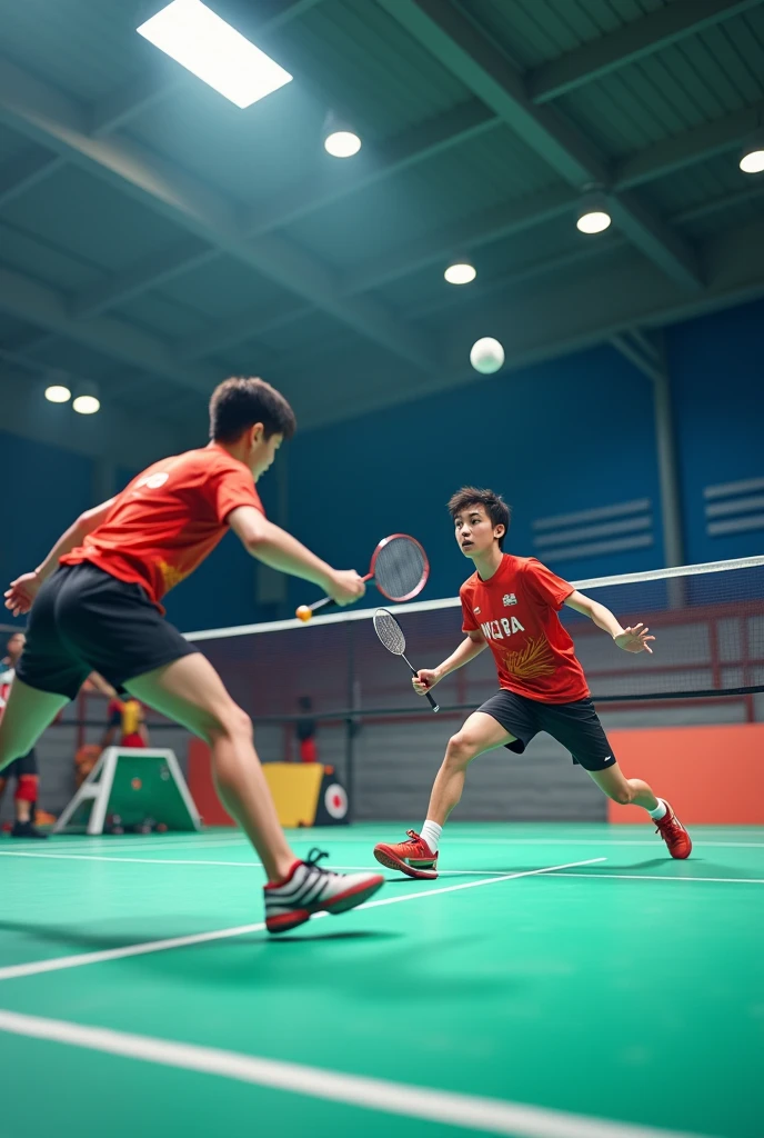 2 players plyig badminton
