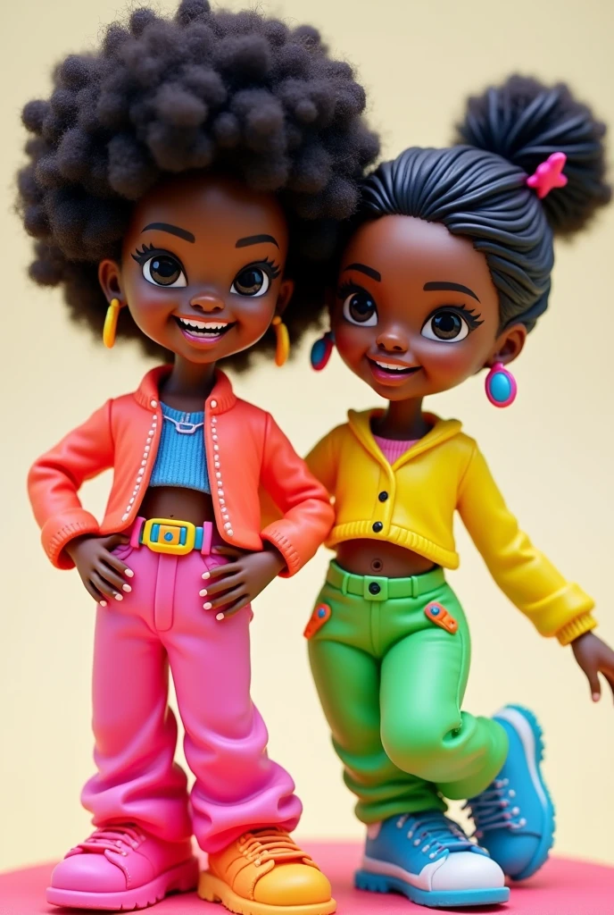A cake topper featuring two sisters, one 18 and one 8, both black,com Neon Clothing,the 18 year old is black,sexly,with long, dark red hair,com Neon Clothing e a de 8 é baixinha, chubby, curly,eyes browns,Neon Clothing