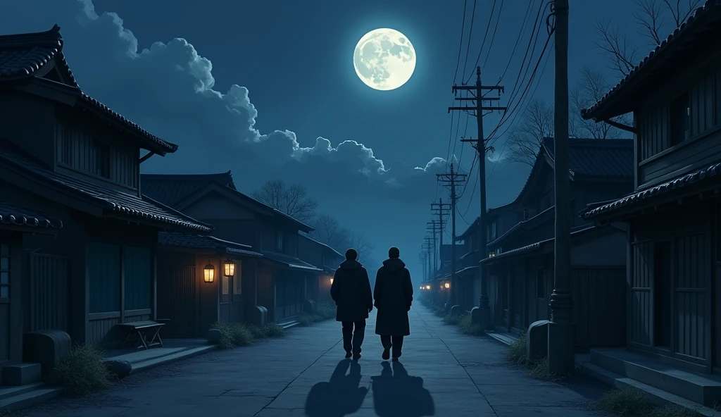 Men walk in village at midnight by alone