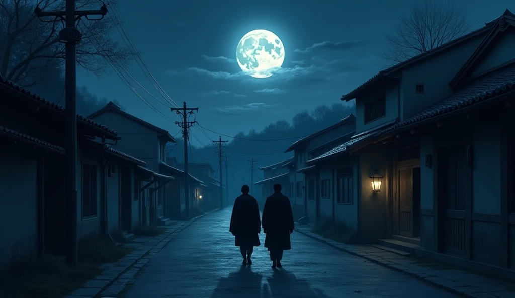 Men walk in village at midnight by alone
