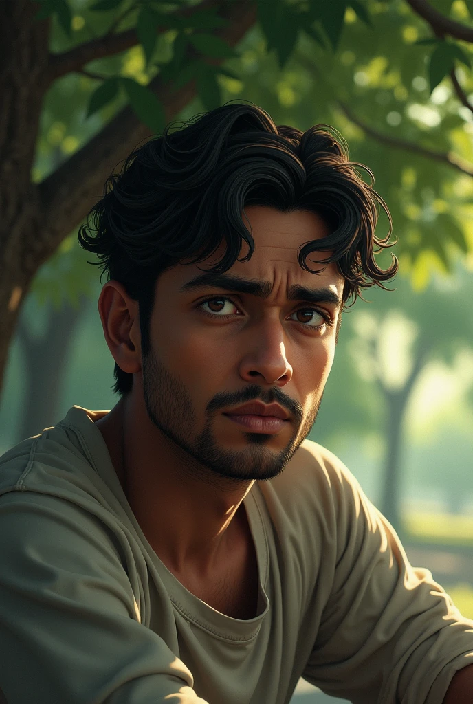 A close-up of Sundar sitting alone under a tree, looking contemplative and determined. His expression shows a mix of frustration and resolve as he thinks about his situation in the city. The background is a quiet, shady spot with a serene atmosphere."