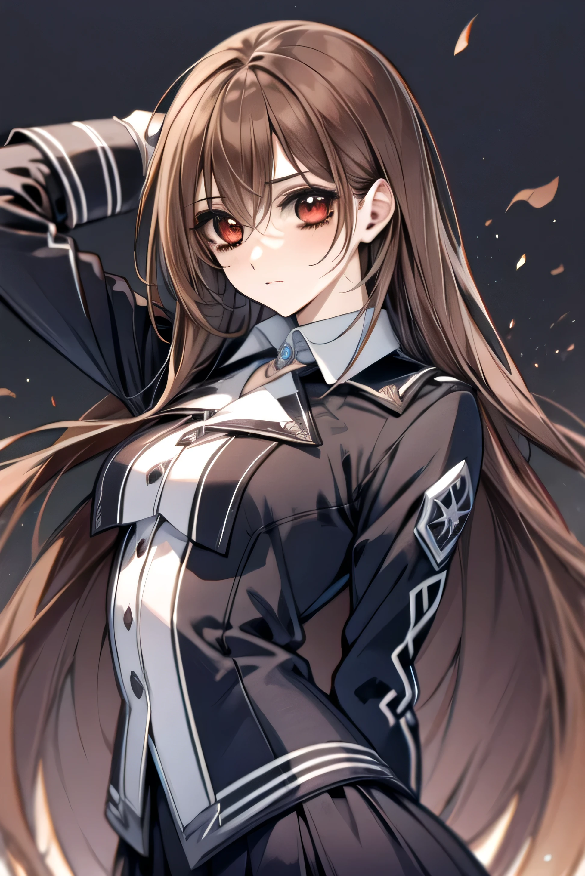 (absurdres, highres, ultra detailed, HDR), masterpiece, best quality, Yuki Cross, 1woman, solo, beautiful, (long brown hair), vibrant red eyes, finely eye and detailed face, solid black background, black uniform, vampire knight, (arms behind back), solid crimson background,