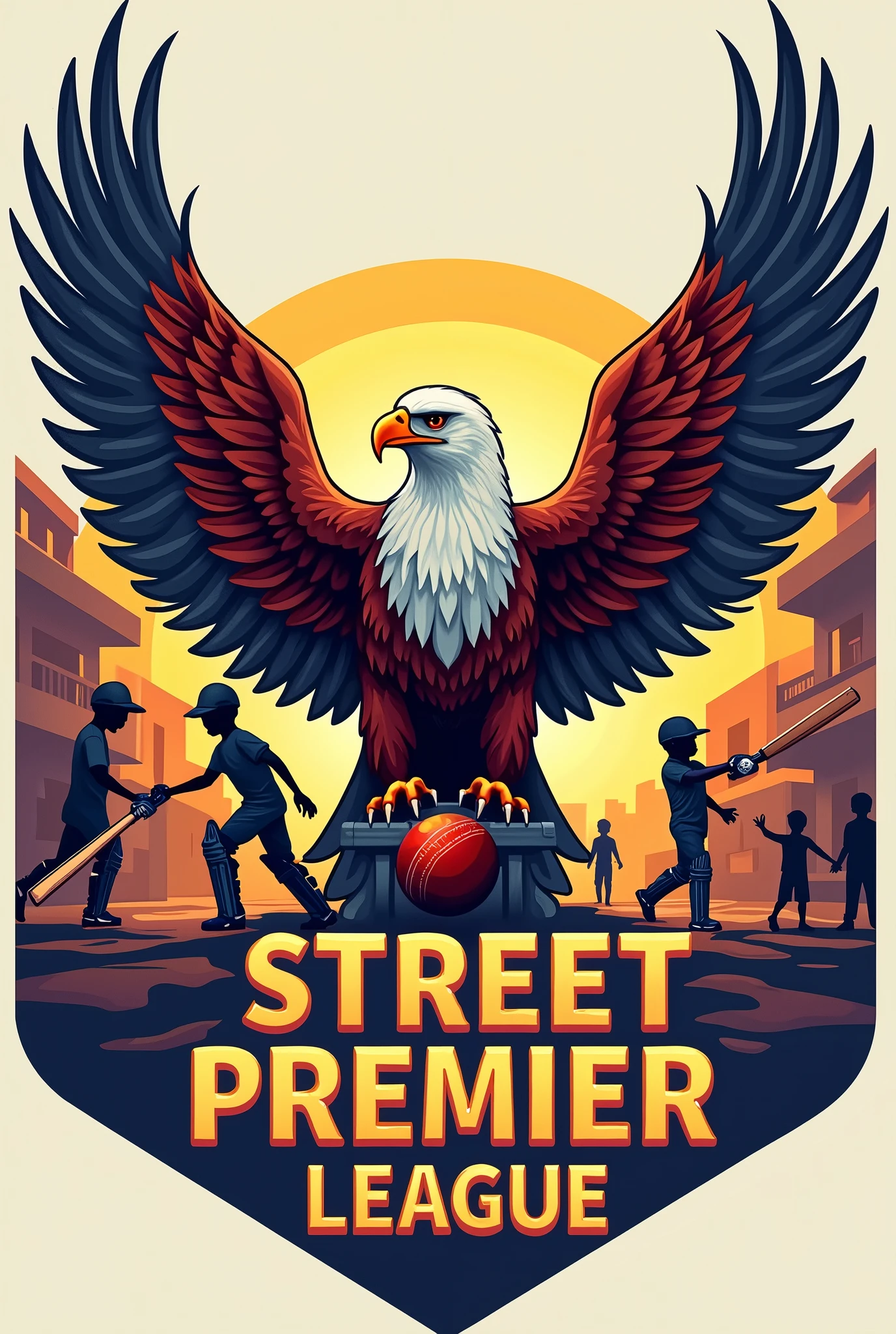 Create a logo with open wing eagle and PUT name STREET PREMIER LEAGUE AND ADD CHILDREN PLAYING CRICKET with cricket bat and ball in Indian cricket street