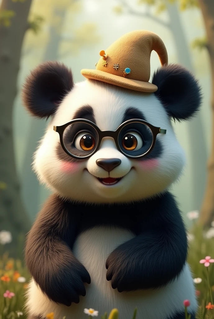 Happy bearded panda with glasses and a hat