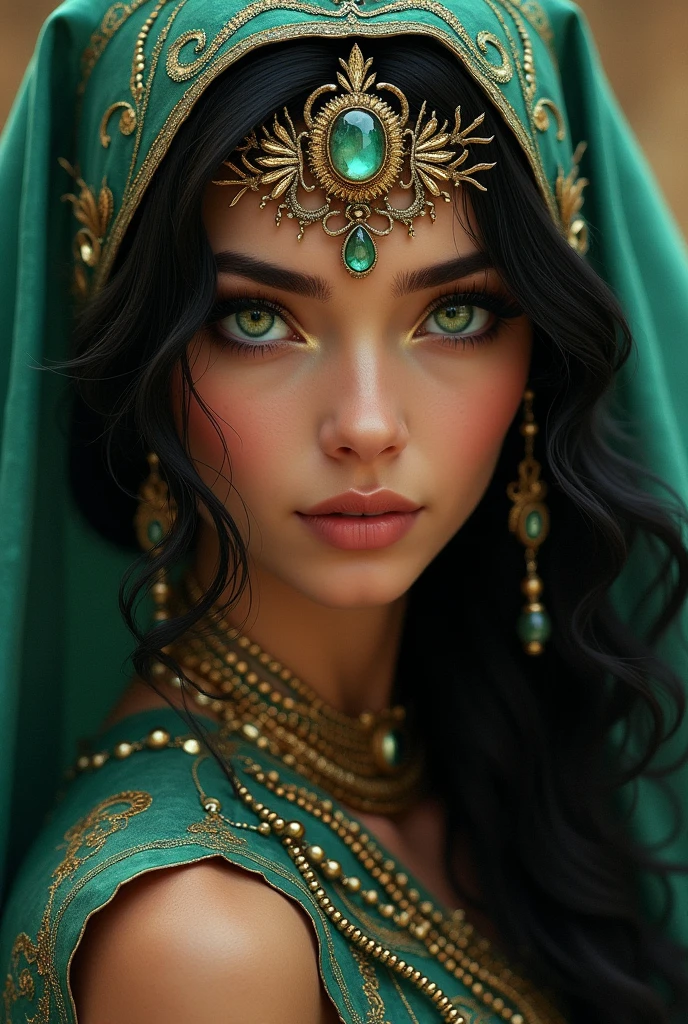 a dark-haired Egyptian woman with long, voluminous hair, greeneyes, outlined, aqua green clothes with lots of jewelry and sparkle