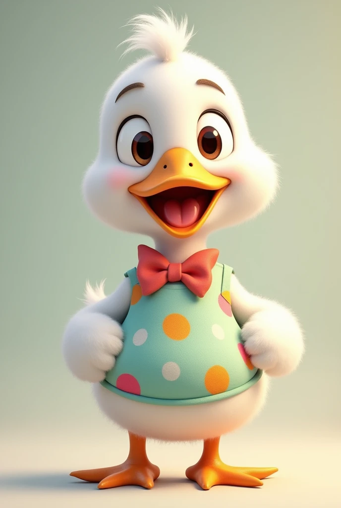 Create an image of a cheerful white goose with a slightly cartoonish and exaggerated look, similar to Toobo the bonobo from Gulli. The goose should have big, expressive eyes with a friendly smile, and a rounded, soft body shape. The character should be dressed in a colorful, playful outfit, perhaps with bright patterns or a fun accessory like a bowtie or scarf, reflecting a vibrant and energetic personality. The background should be simple and not too detailed, focusing on the character in a friendly, light-hearted environment.