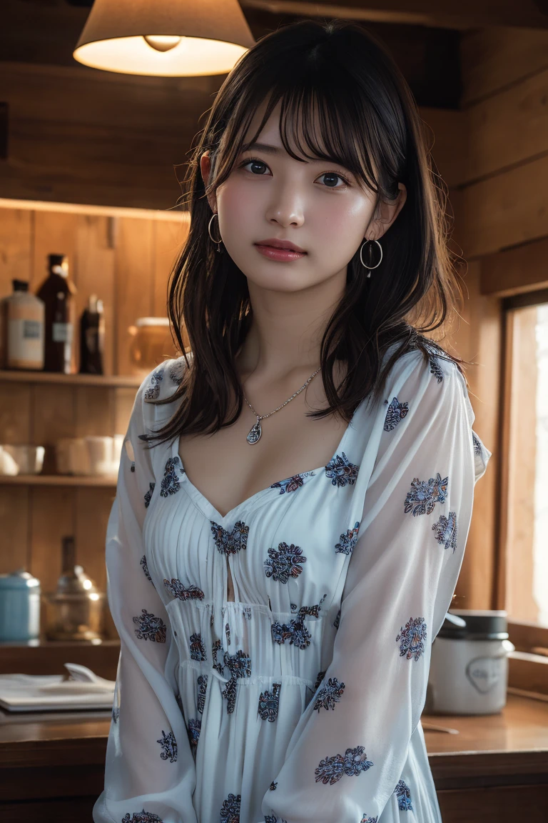(Highest quality:1.4),(masterpiece:1.4),(Realistic:1.4),(Realistic:1.2),(超High resolution, RAW Photos:1.4),(High resolution, Ultra-detailed:1.2),(8k:1.2),View your viewers,Cinematic photography,One person,skeletally correct,Black-haired woman,Woman in her early 20s,(Small earrings,necklace,Daisy print mini dress),(Western-style building interior,Dimly lit room,The lamplight shines on my cheeks)