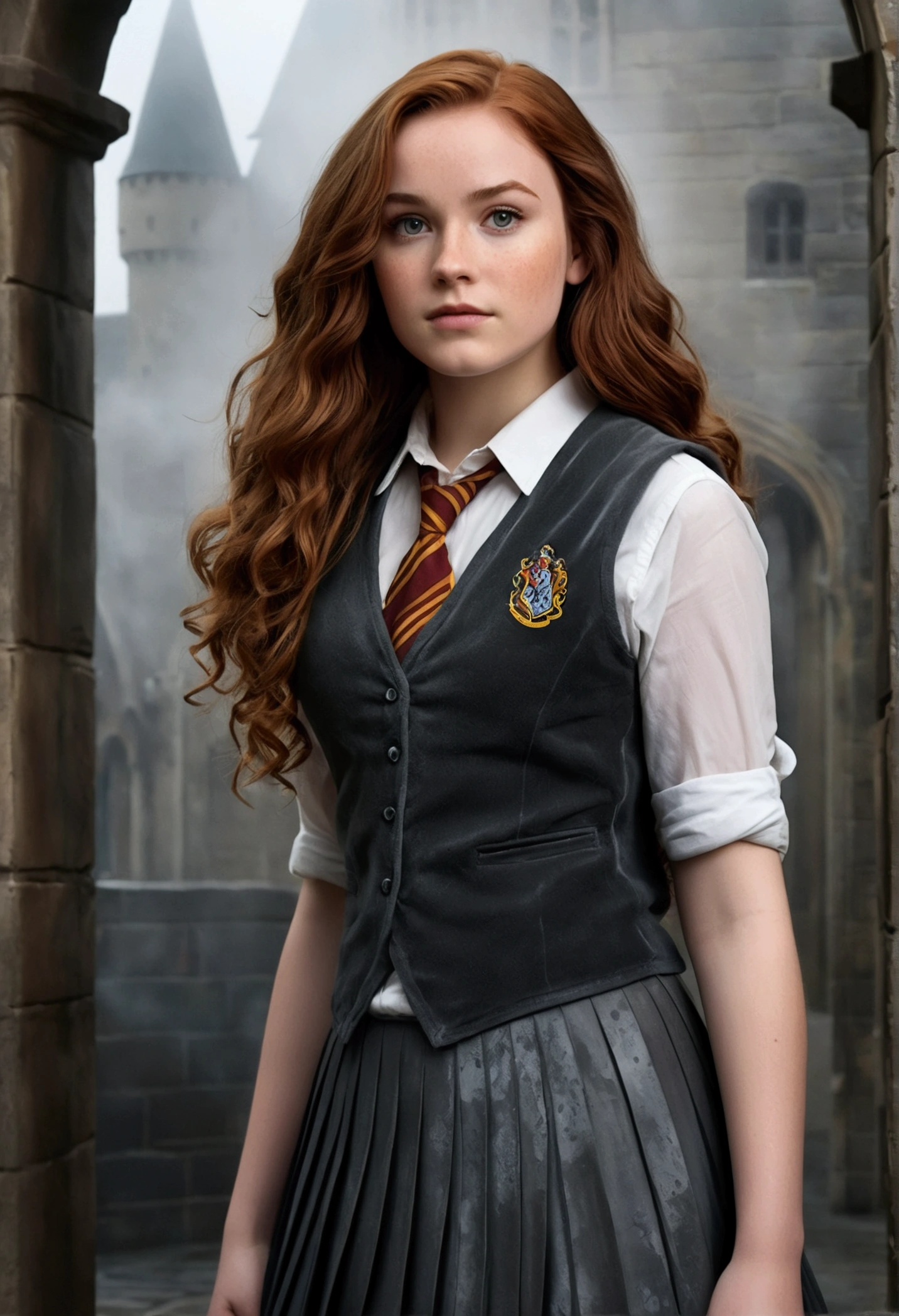 An illustrated movie poster, hand-drawn, full color, a teenage Hogwarts student, 18-years-old, female, wearing a charcoal vest and a pleated skirt, athletic hourglass figure, full wide hips, massive round butt, long shapely legs, ridiculously thick powerful thighs, vibrant eyes, deep dark auburn hair, long messy curls, flushed sun-kissed complexion, freckles, resembles Genevieve O'Reilly, standing in a foggy Hogwarts courtyard, surrounded by mist, graphite shading, stencil marks, airbrushed acrylic paint, masterpiece, close-up shot, in the style of the Deathly Hallows 