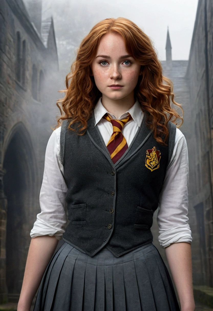 An illustrated movie poster, hand-drawn, full color, a teenage Hogwarts student, 18-years-old, female, wearing a charcoal vest and a pleated skirt, athletic hourglass figure, full wide hips, massive round butt, long shapely legs, ridiculously thick powerful thighs, vibrant eyes, deep dark auburn hair, long messy curls, flushed sun-kissed complexion, freckles, resembles Genevieve O'Reilly, standing in a foggy Hogwarts courtyard, surrounded by mist, graphite shading, stencil marks, airbrushed acrylic paint, masterpiece, close-up shot, in the style of the Deathly Hallows