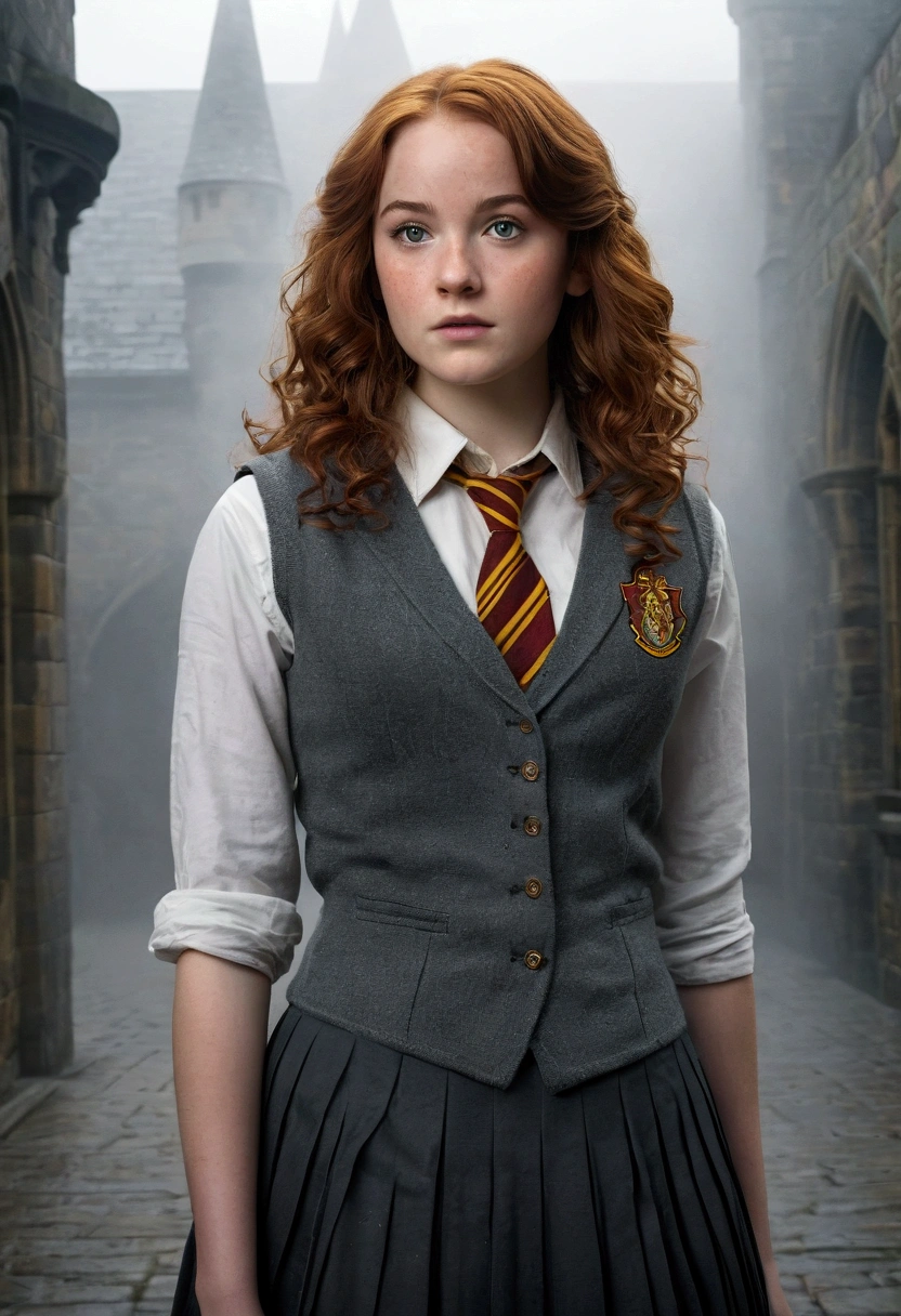An illustrated movie poster, hand-drawn, full color, a teenage Hogwarts student, 18-years-old, female, wearing a charcoal vest and a pleated skirt, athletic hourglass figure, full wide hips, massive round butt, long shapely legs, ridiculously thick powerful thighs, vibrant eyes, deep dark auburn hair, long messy curls, flushed sun-kissed complexion, freckles, resembles Genevieve O'Reilly, standing in a foggy Hogwarts courtyard, surrounded by mist, graphite shading, stencil marks, airbrushed acrylic paint, masterpiece, close-up shot, in the style of the Deathly Hallows