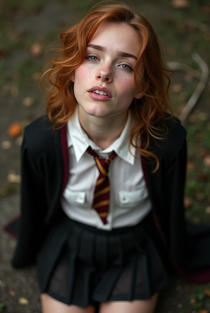most beautiful (Emma Watson:1.1) aka Hermione Granger, real life cosplay, 17yo, on her knees, looking up at the camera, (most detailed beautiful half-closed eyes:1.2), slight smirk, passionate, desire, perfect mouth open, in position as if trying to catch raindrops that are not there on her tongue, (tongue being covered in thin sticky transparent , dripping down all over her bare ample chest:1.3), hands behind her back, sticking her breasts out to create a large area for the viewer to aim at, sitting on her feet, (viewer squirting long thin ropes of thin sticky transparent across her face and chest from below the field of view:1.3), perfect puffy nipples, shot directly overhead, gorgeous, very cute, most attractive, most arousing, sensual, intimate, alluring, lascivious, appealing, enticing, tempting, cosplay, bushy wavy auburn curls, pale complexion, beautiful detailed brown eyes, beautiful detailed face, beautiful detailed lips, natural lip gloss, white button-up collared shirt undone and almost all of her small exposed, maroon and gold striped tie loosened, thin black long-sleeve button-up sweater with maroon and gold trim undone, very short black pleated skirt slid high up her thighs, thigh-high black transparent socks with black trim, no shoes, black overcloak with maroon interior draped across her shoulders and back
