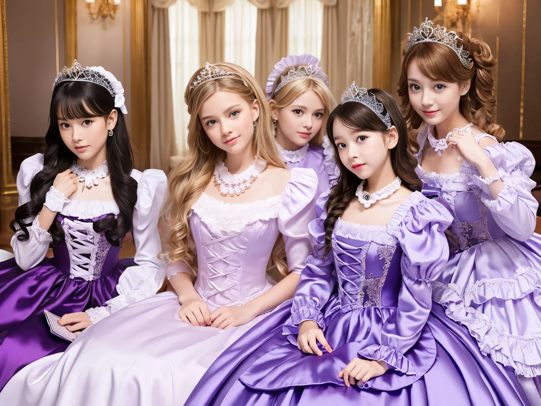,highest quality, masterpiece, highest resolution, artwork, super それにget used to it, many get used to it, get used to it, それにget used to it, 3k realistic pictures,,((10 year old little girls)),Ultra-detailed juvenile face,three are princesses,full length ball gown dress with hoop skirt,ruffled yoke collar,puff sleeves,long sleeve,((Lolita style purple detailed princess satin dress with lots of ruffles and ribbons)),Rococo style lolita fashion,shiny satin dress,Soft and smooth fabric,luxury,long blonde hair,blue eyes,white skin european,Pajama,((in the bedroom)),luxury princess canopy frilled bed,super detailed bed,they are lying on the bed,High-quality background,