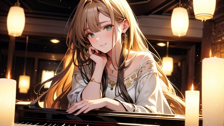 Attention to detail, high quality, high resolution, 4K, 8K, she is playing piano, (headback), she has long linen hair, flowing hair, she feels relaxed, beautiful eyes, green eyes, elegant dress, warm atmosphere, calm atmosphere, relaxed atmosphere,The lighting in the scene is natural and soft, casting a warm glow on the her