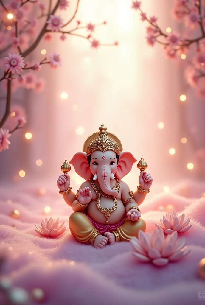Prompt : Ganesha sitting on a golden day style wallpaper with pastel colors of pink, purplepearls in the background, full body, cute, shiny, crystal stars, digital art, simple design, very high resolution, cinematic lighting, perfect composition, harmonious composition, octane render, Hold Lotus flower.
